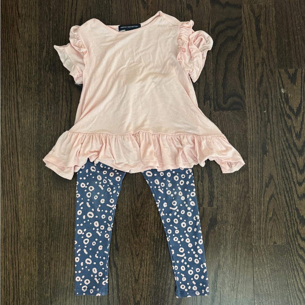 French connection Pink Ruffle Top and Blue Patterned Leggings Set 3-4t